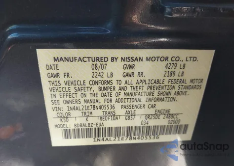 2008 Nissan Altima 2.5 S z USA, uszkodzony, nr VIN 1N4AL21E78N405536